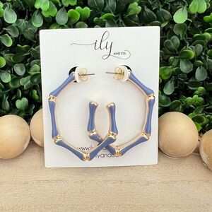 New Denim Blue Enamel Bamboo Hoop Earrings Grandmillennial | Gold | Lightweight